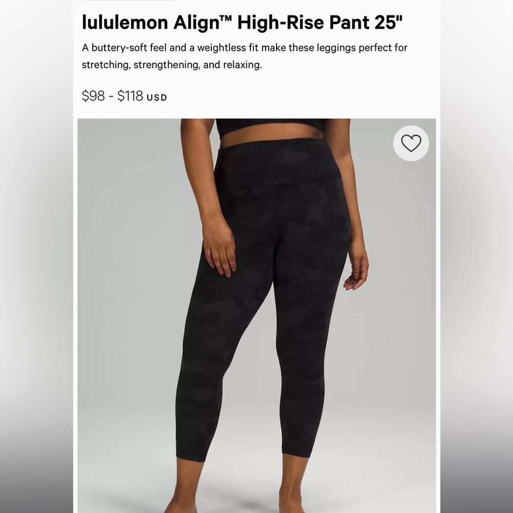 Women’s Lululemon High-Rise Align Pants 25” - size 4 - Camo